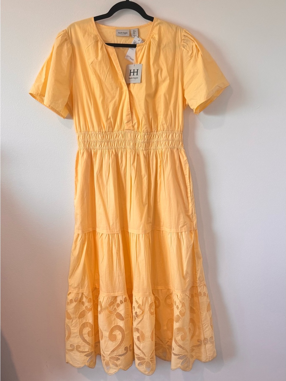 NWT Haute Hippie Style Yellow Cotton Eyelet Tiered Maxi Dress Large Boho